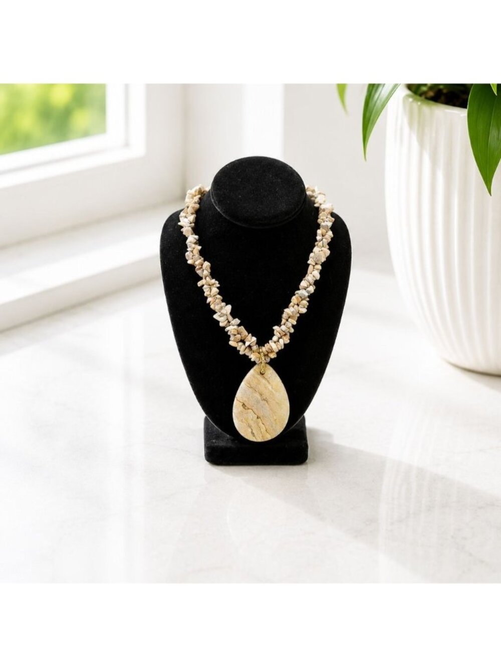Natural Stone Beaded Necklace With Teardrop Pendant Earthy Beige Tones 20 Inches